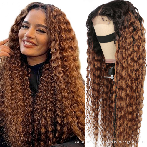 1b30 curly Ombre lace front Human virgin Hair Wig malaysian hair water wave closure 4*4 Ombre hd lace Closure Wig